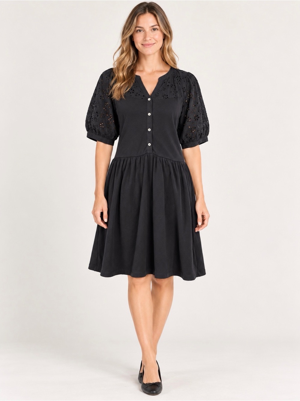 LOFT Black Eyelet Puff-Sleeve Button-Front Midi Dress